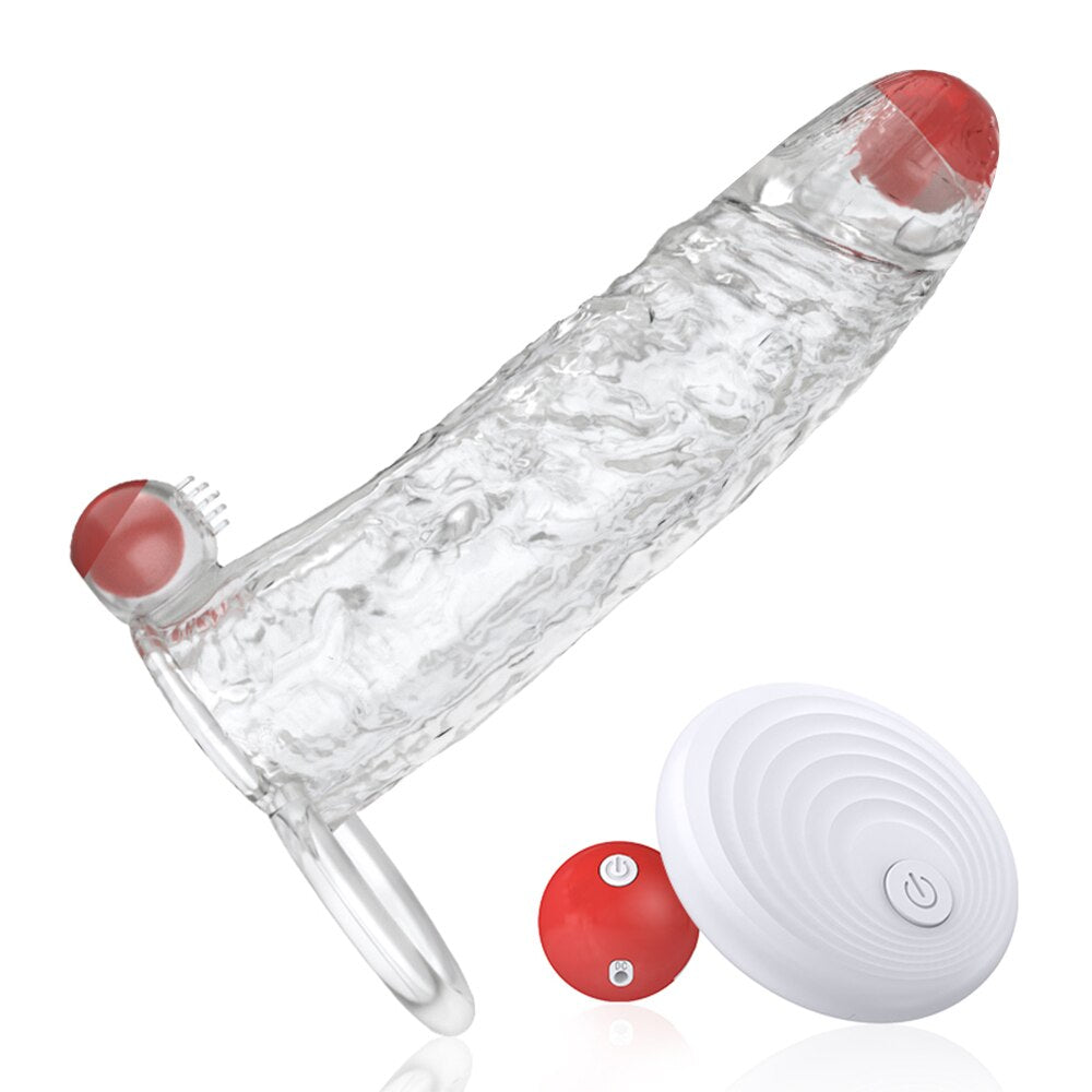 Penis Vibrator Extender Sleeve Delay Ejaculation Reusable Condom Extension Cock Ring Adult Toy for Men Dick Enlarger