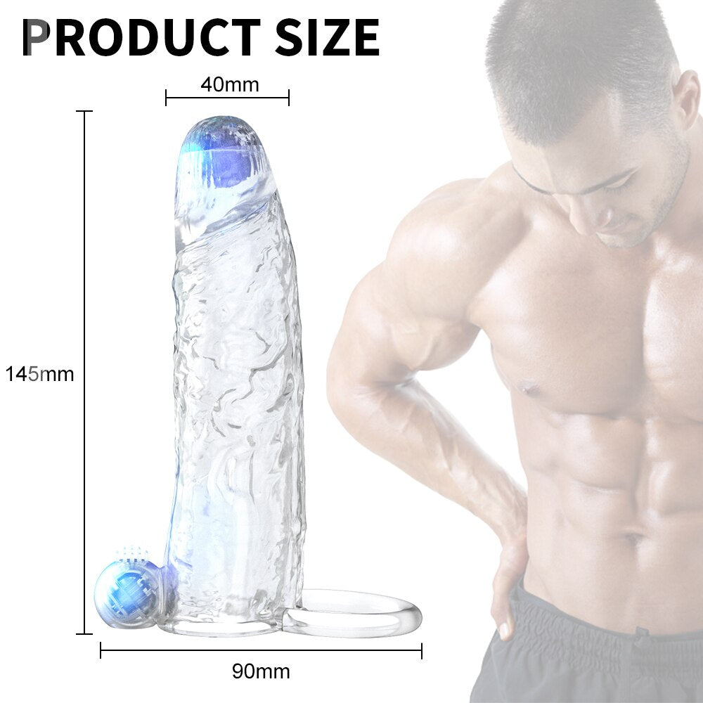 Penis Vibrator Extender Sleeve Delay Ejaculation Reusable Condom Extension Cock Ring Adult Toy for Men Dick Enlarger