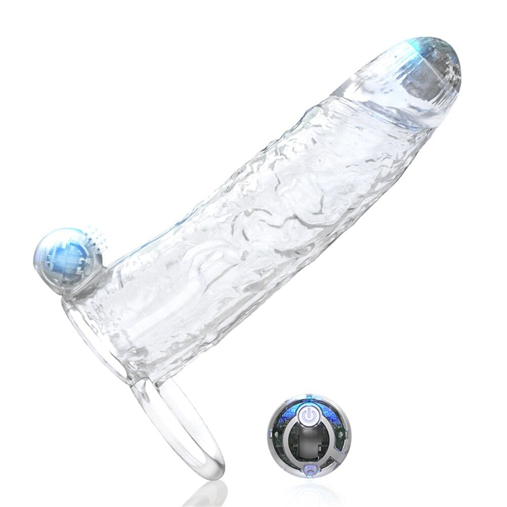 Penis Vibrator Extender Sleeve Delay Ejaculation Reusable Condom Extension Cock Ring Adult Toy for Men Dick Enlarger