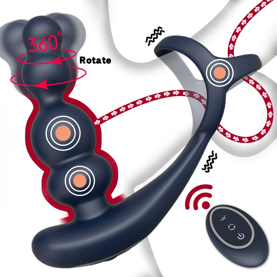 Male Prostate Massager Vibrator 360° Rotating Anal Plug Cock Ring Butt Plug Vibrator Wireless Control Sex Toys for Men Masturbator
