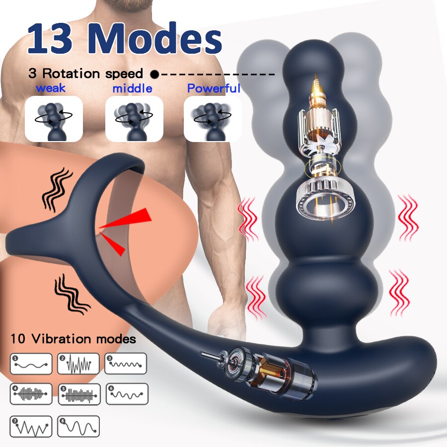 Male Prostate Massager Vibrator 360° Rotating Anal Plug Cock Ring Butt Plug Vibrator Wireless Control Sex Toys for Men Masturbator