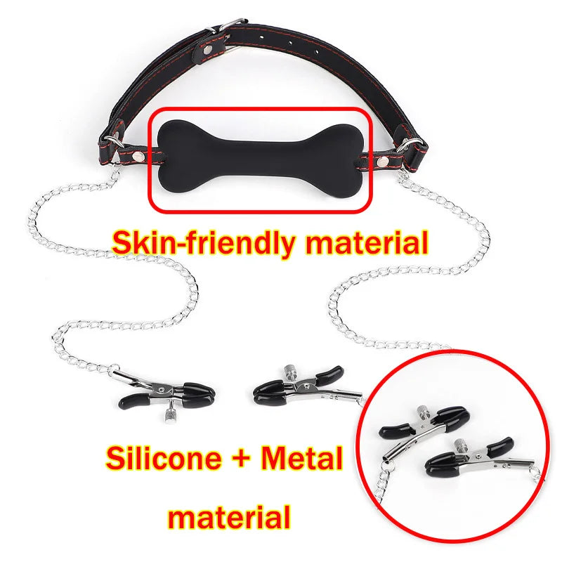 SM Sexy Leather Mouth Plug and Nipple Clamps. Silicone Dog Bone for BDSM. SM Bondage Game for Couples Enhance Sex Pleasure