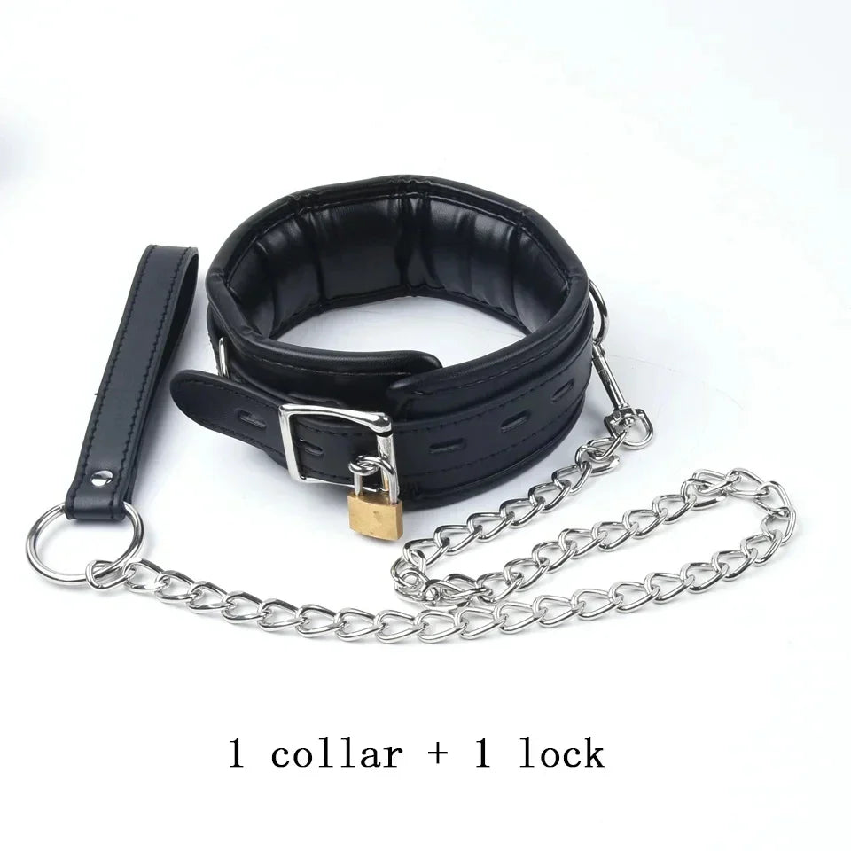 4Pcs Bondage Set Black Leather Sponge Handcuffs For Sex Anklecuffs +Handcuffs+Collar+ mask+5 Lock Sex Toys for Adult Games