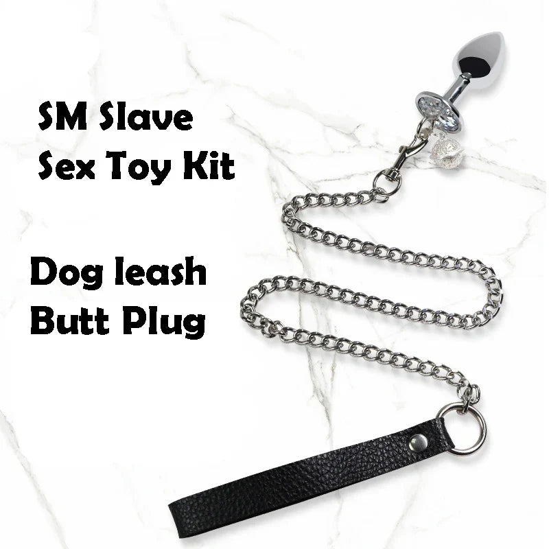 BDSM Bondage Gear Collar Leash Butt Plug Set SM Slave Butt Plug with Ring Bell Chain Slave Leashes Adult Couple Porn Games Kits