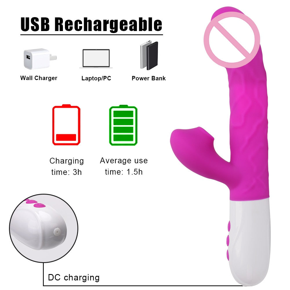 Sex Toys for Women Heating Vagina G Spot Stimulate Vibrators Telescopic Rotating Dildo 3 In 1 Clitoris Sucking Rabbit Vibrator