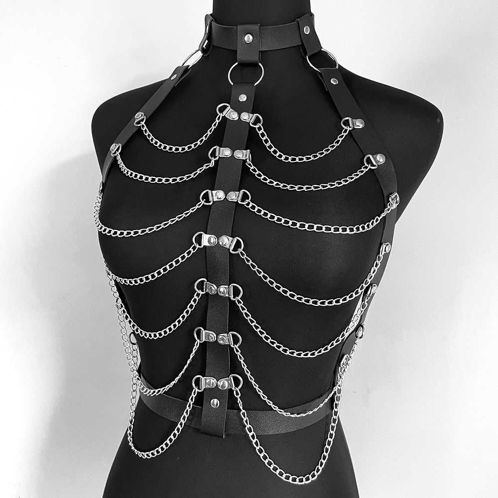 Sexy Body Suspender Women Leather Harness Chain Bondage Lingerie Bra Chest Straps Garter Stockings Sword Belt Lingerie Sex Toy