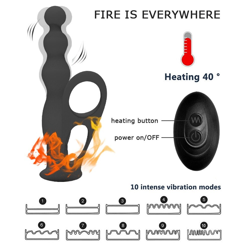 Silicone Anal Butt Plug Pull Beads with Cock Ring Prostate Massager Anal Balls Vibration Heating Erotic Anal Sex Toy for Adult