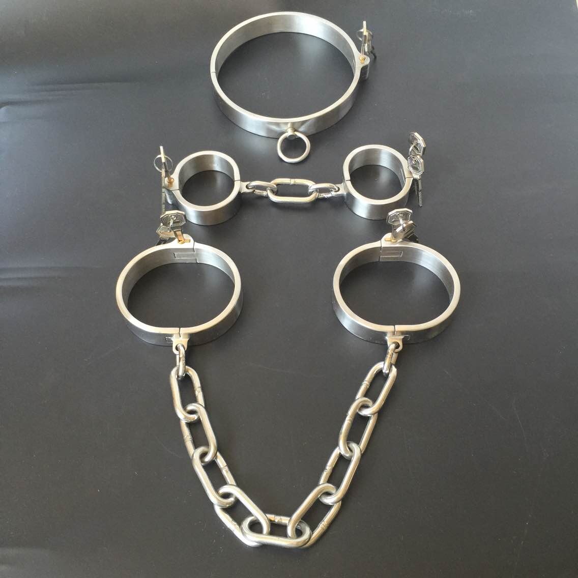 Stainless Steel Slave Flirt Wrist Handcuffs Ankle Cuffs Neck Collar Chain BDSM Shackle Bondage Invisible Lock Fetish Sex Toys