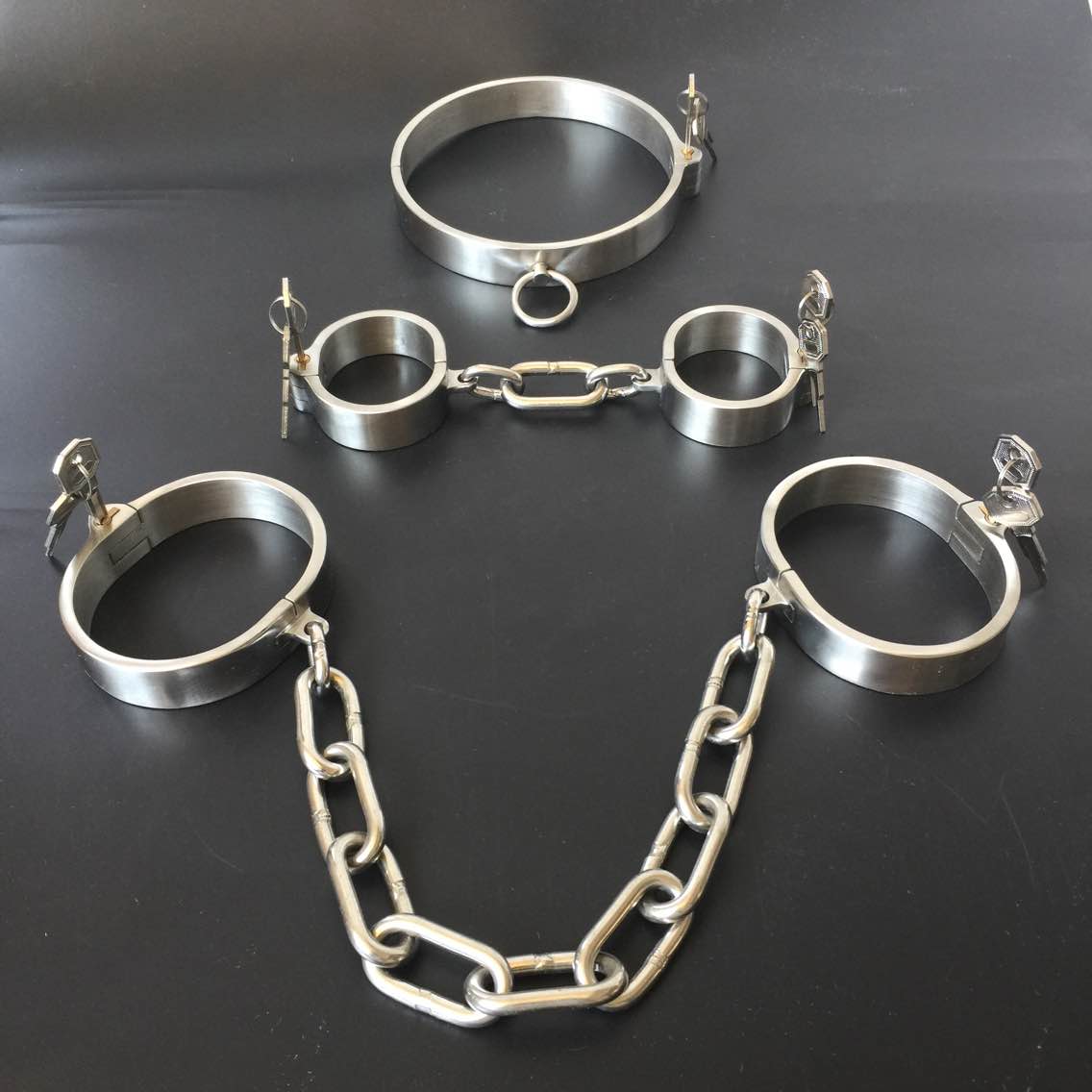 Stainless Steel Slave Flirt Wrist Handcuffs Ankle Cuffs Neck Collar Chain BDSM Shackle Bondage Invisible Lock Fetish Sex Toys