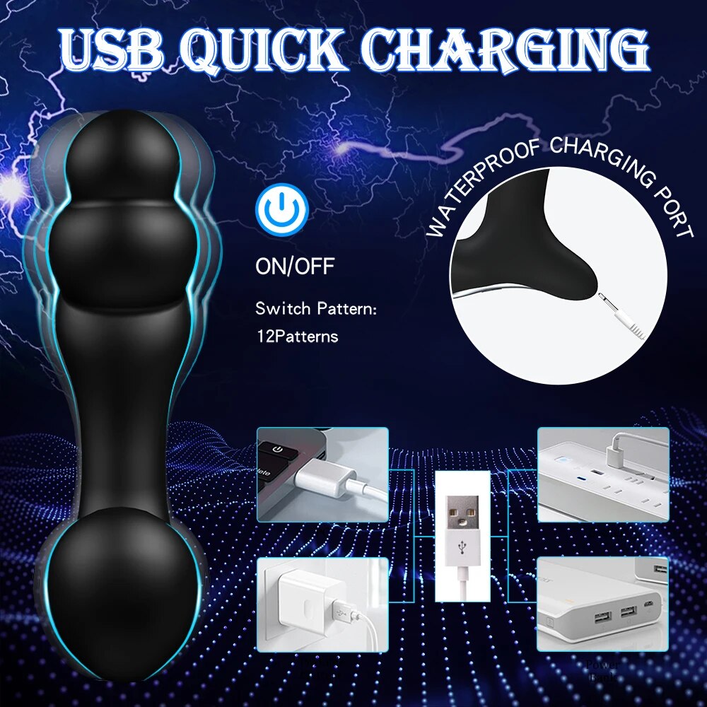 Vibrating Prostate Massager Anal Training Butt Plug 12 Modes Vibration G-Spot Vibrator Anal Beads Stimulator Device