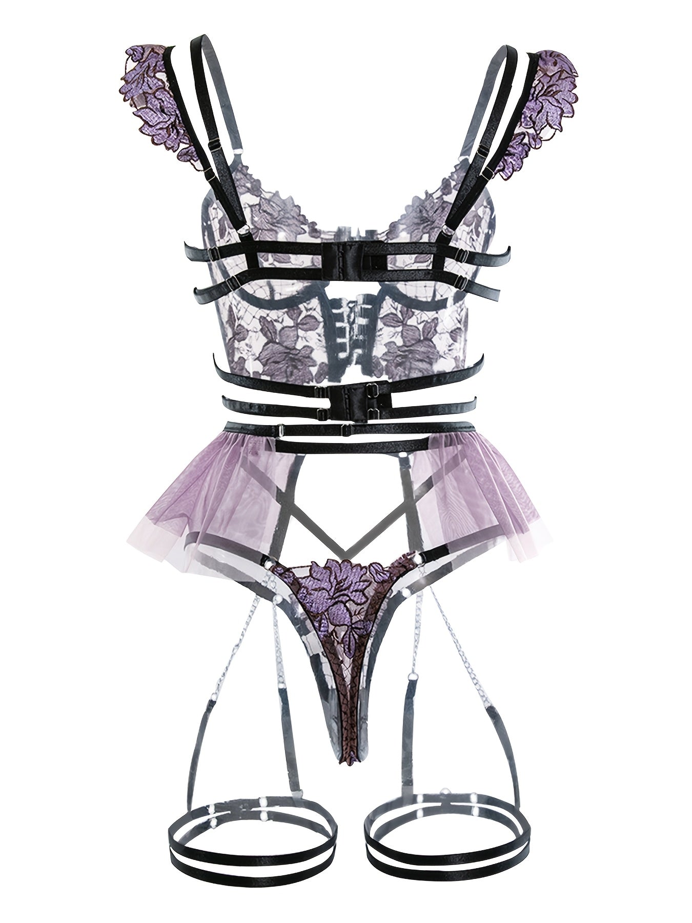 Women's Seductive Sheer Gauze Fishnet Lingerie Set with Floral Embroidery - V Neck Open Back Off The Shoulder Comfortable Underwire Bra, Thong & Waistband with Chain Garter Belt - Perfect for Uniform Temptation