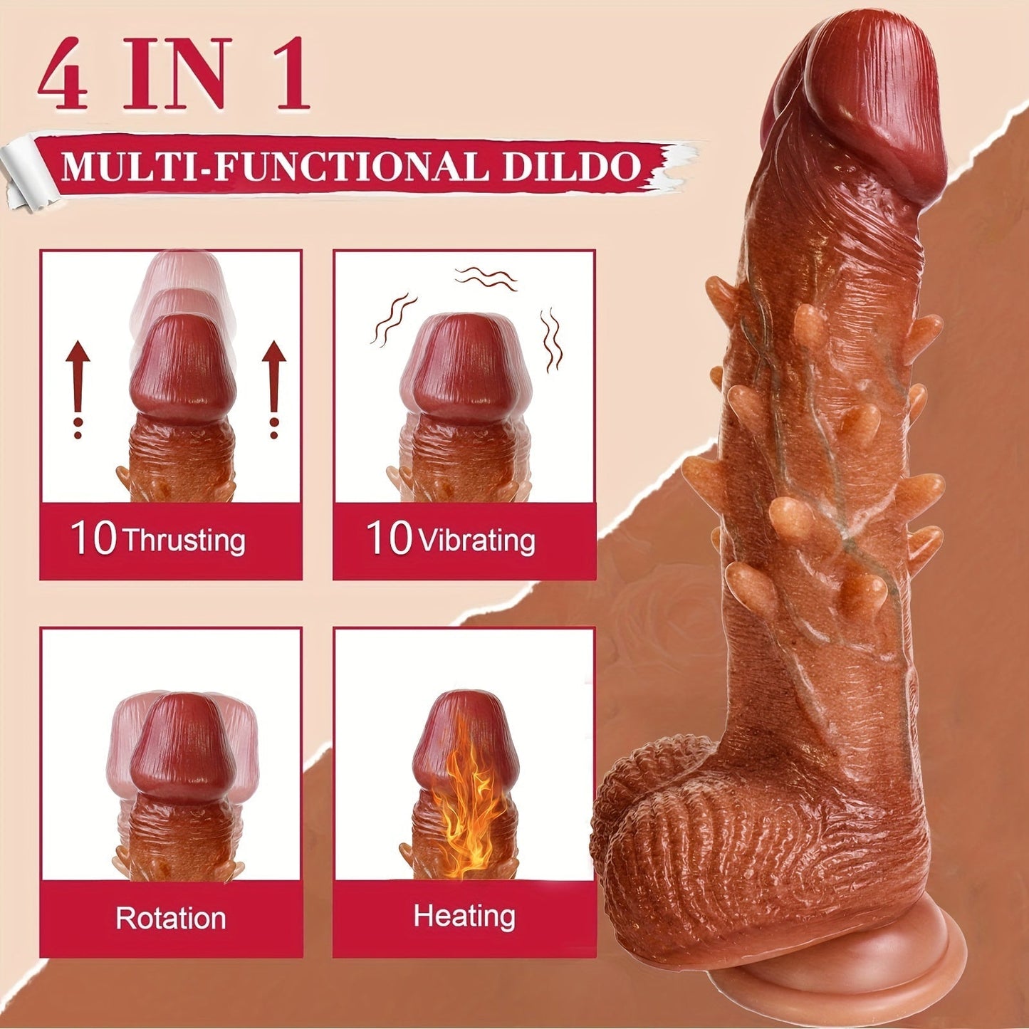 Adjustable Rotation Dildo: 9.1 Vibration Realistic G-Spot Anal Stimulation. 360° Rotation. Remote Control. Latex. Battery Powered. 1200mAh Li-ion Battery. Liquid Silicone