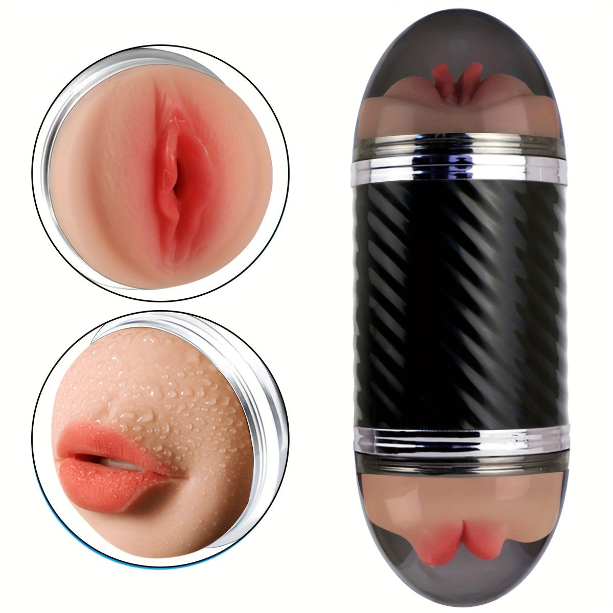 2-in-1 Male Masturbators with Vibration Modes Stimulator, Double-Sided Pocket Pussy Toy, Realistic Texture Male Masturbation Cup, Silicone Hands-Free Stroker Sex Toy