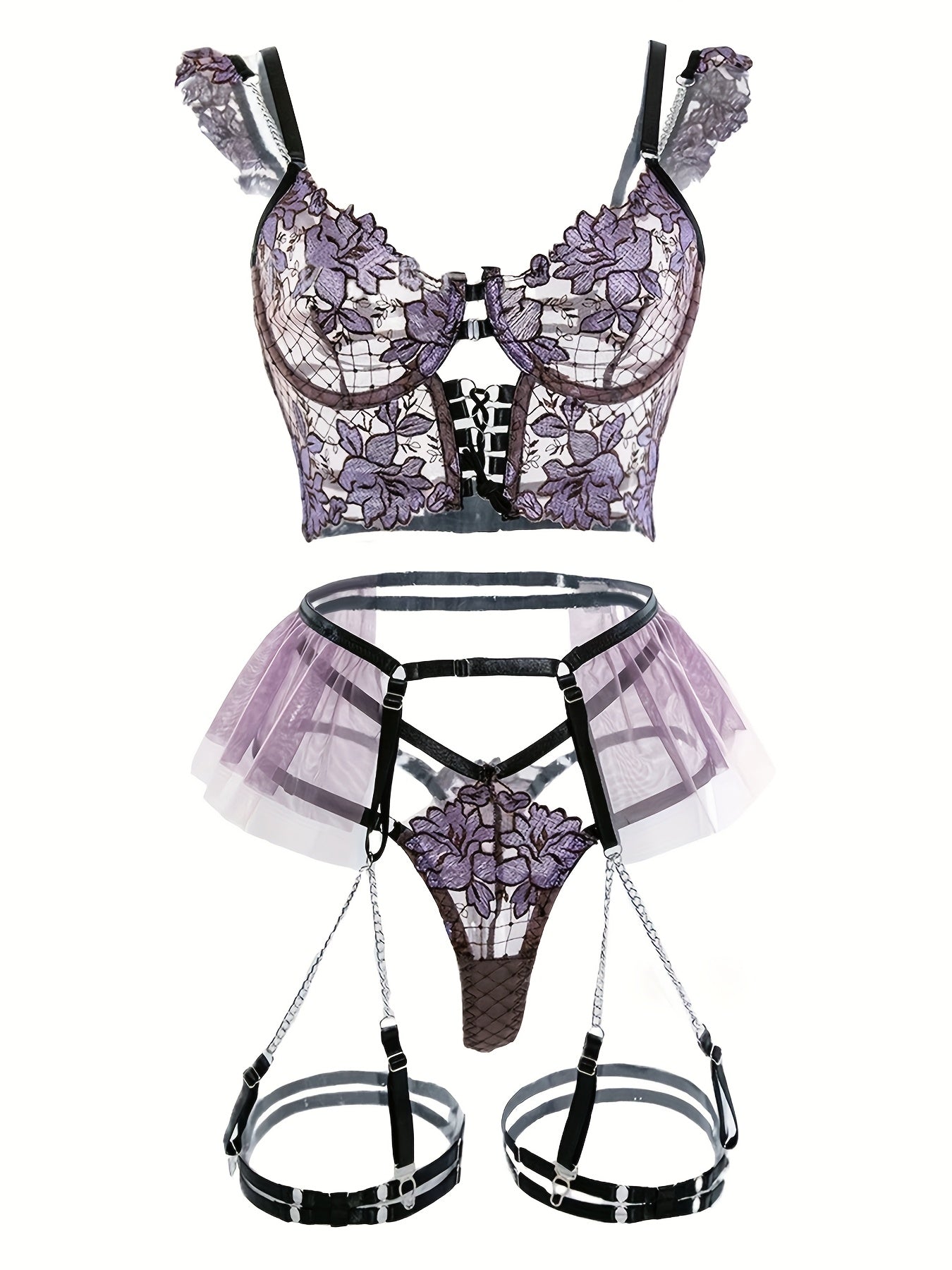 Women's Seductive Sheer Gauze Fishnet Lingerie Set with Floral Embroidery - V Neck Open Back Off The Shoulder Comfortable Underwire Bra, Thong & Waistband with Chain Garter Belt - Perfect for Uniform Temptation