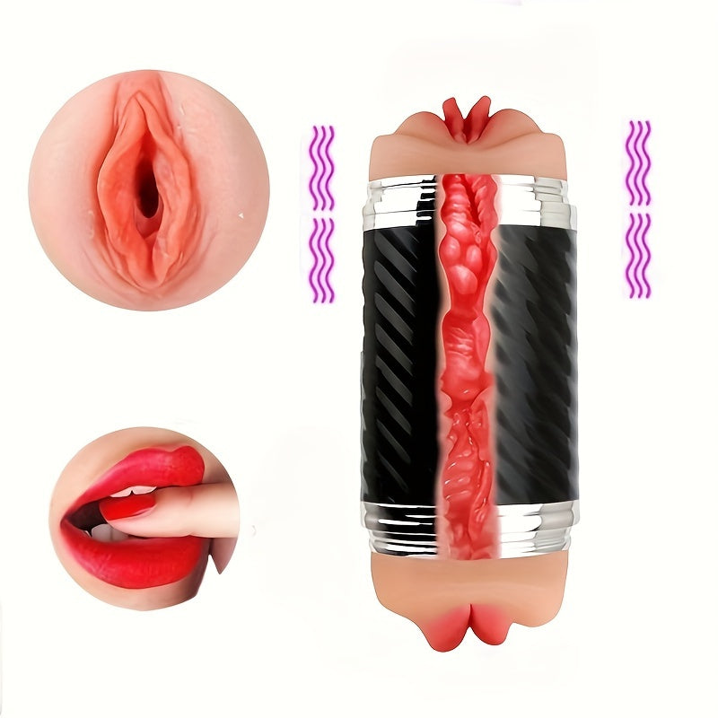 2-in-1 Male Masturbators with Vibration Modes Stimulator, Double-Sided Pocket Pussy Toy, Realistic Texture Male Masturbation Cup, Silicone Hands-Free Stroker Sex Toy